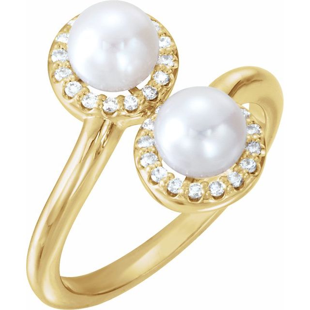 14K Yellow Cultured White Freshwater Pearl & 1/6 CTW Natural Diamond Ring  