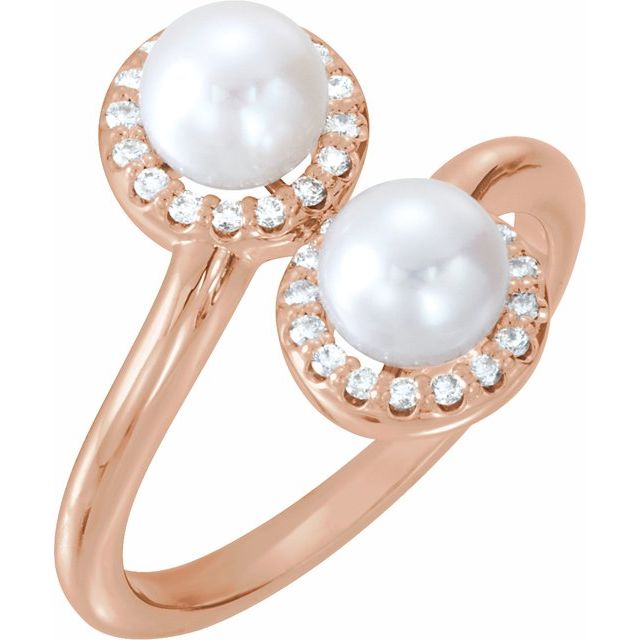 14K Rose Cultured White Freshwater Pearl & 1/6 CTW Natural Diamond Ring  