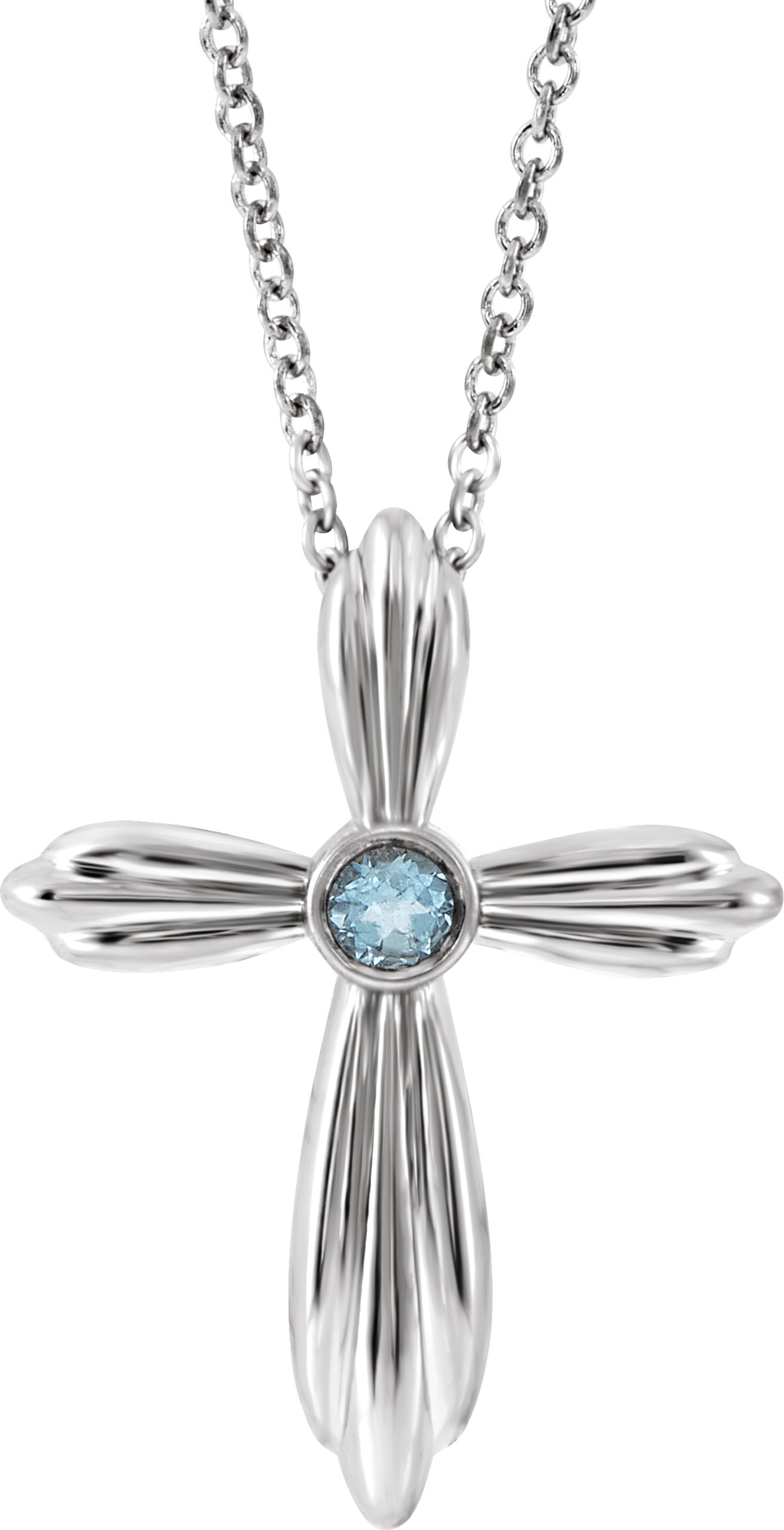 14K White Natural Aquamarine Cross 16-18 Necklace