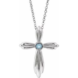 Sterling Silver Natural Aquamarine Cross 16-18" Necklace