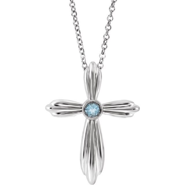 14K White Natural Aquamarine Cross 16-18" Necklace