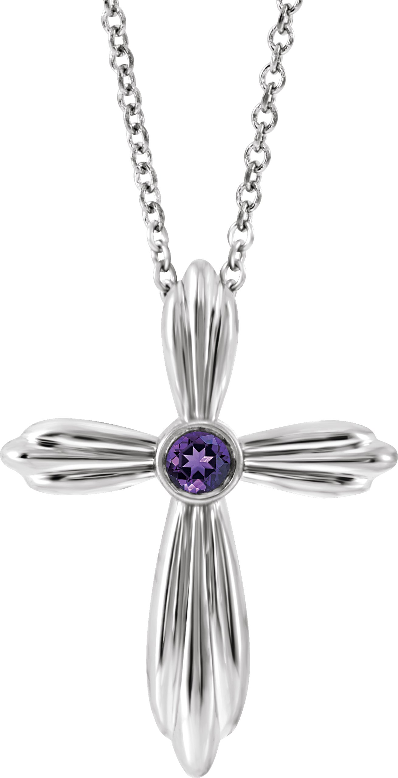 14K White Natural Amethyst Cross 16-18" Necklace