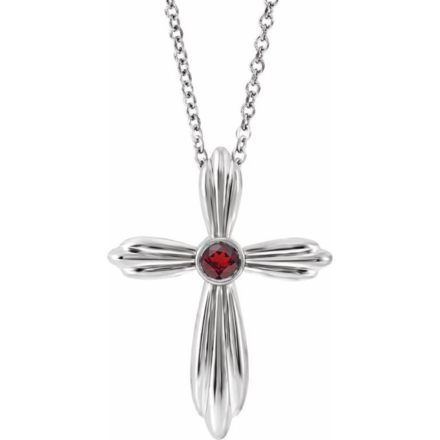 Sterling Silver Natural Mozambique Garnet Cross 16-18"  Necklace      