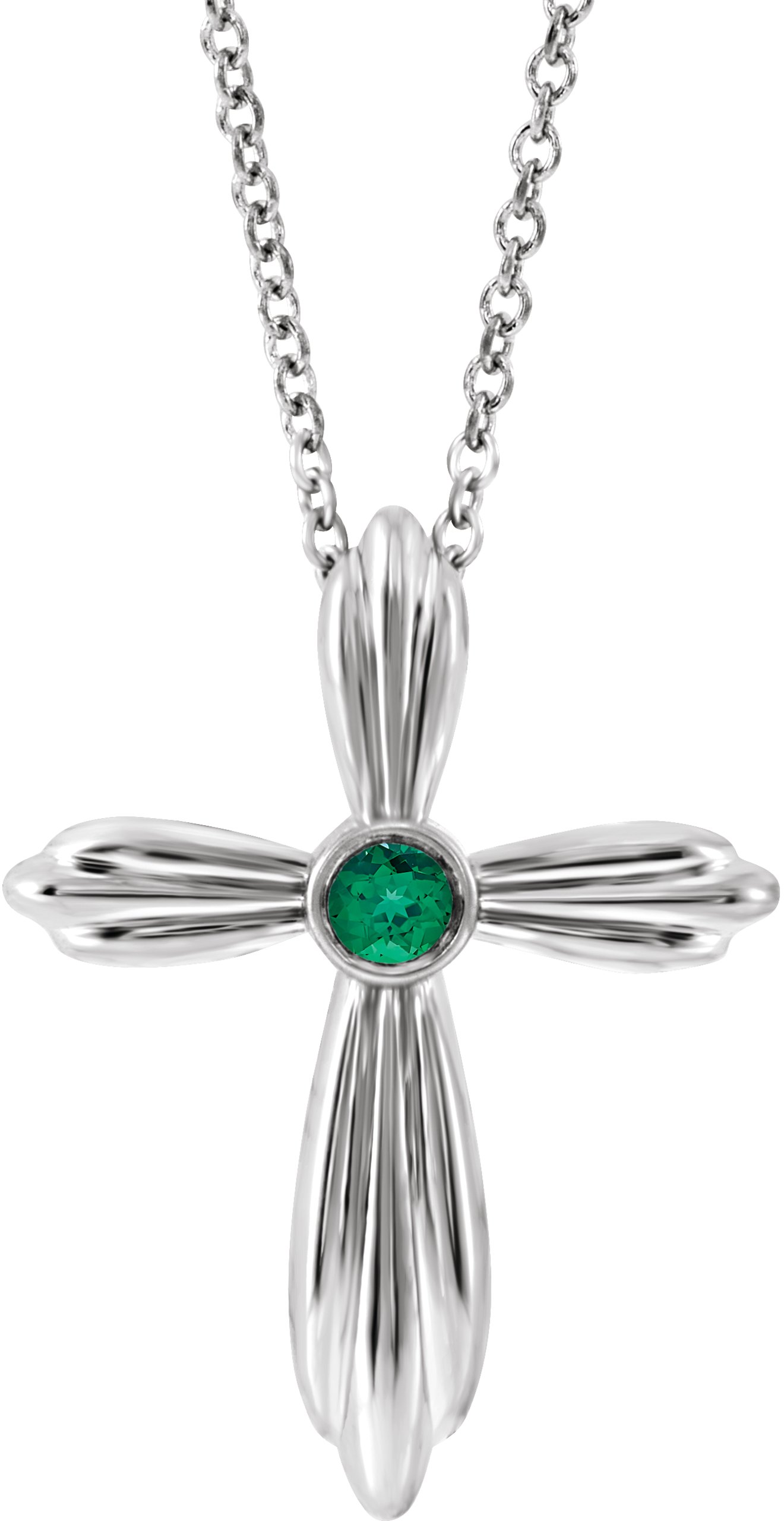 14K White Lab-Grown Emerald Cross 16-18" Necklace