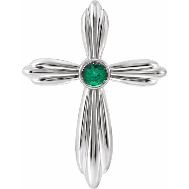 Sterling Silver Lab-Grown Emerald Cross Pendant