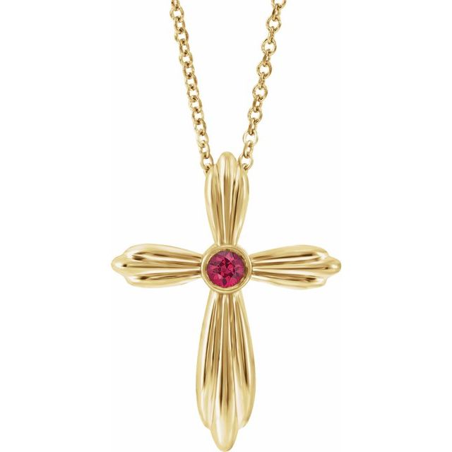 14K Yellow Lab-Grown Ruby Cross 16-18" Necklace