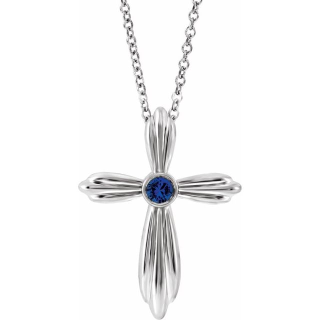 14K White Lab-Grown Blue Sapphire Cross 16-18" Necklace