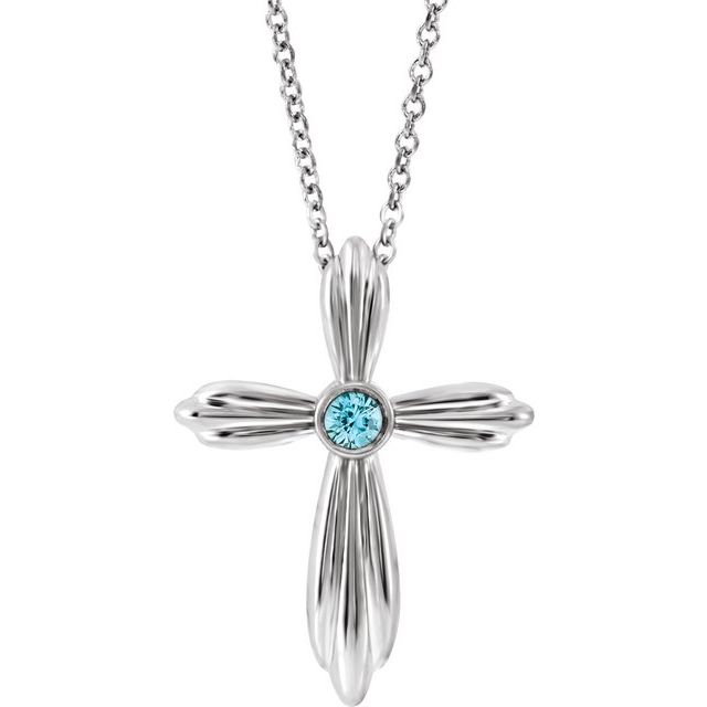 Platinum Natural Blue Zircon Cross 16-18" Necklace