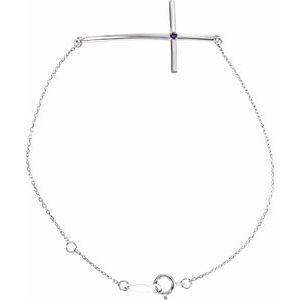 Sterling Silver Imitation Amethyst Sideways Cross 8" Bracelet