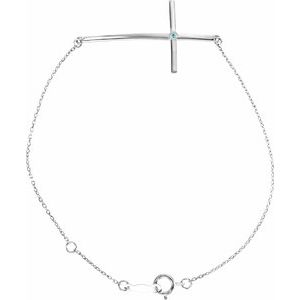 Sterling Silver Natural Aquamarine Sideways Cross 7-8" Bracelet