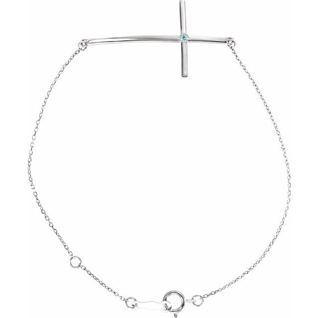 Sterling Silver Natural Aquamarine Sideways Cross 7-8 Bracelet