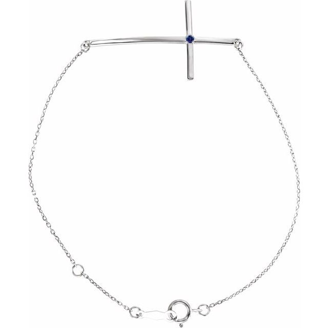 Sterling Silver Imitation Blue Sapphire Sideways Cross 8" Bracelet