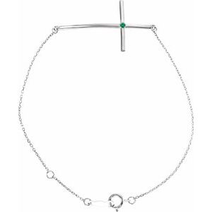 14K White Natural Emerald Sideways Cross 7-8" Bracelet