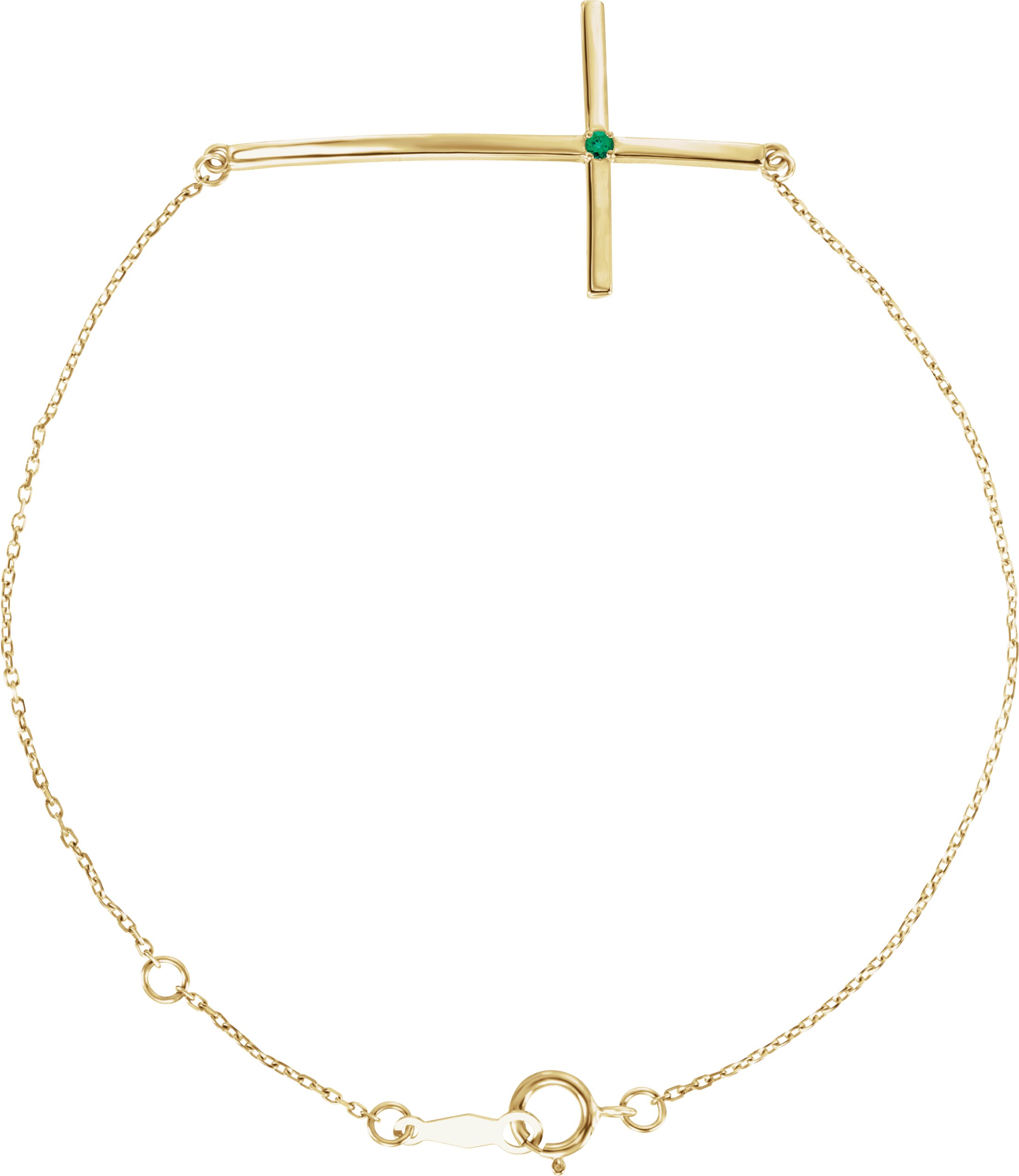 14K Yellow Natural Emerald Sideways Cross 8" Bracelet