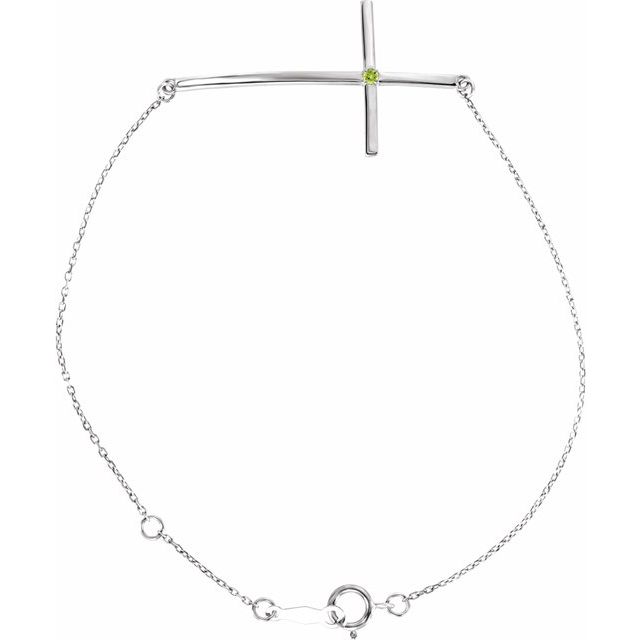 Sterling Silver Imitation Peridot Sideways Cross 8" Bracelet 