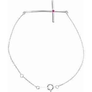 Sterling Silver Imitation Pink Tourmaline Sideways Cross Bracelet   