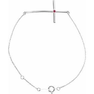 Sterling Silver Imitation Ruby Sideways Cross 7-8" Bracelet