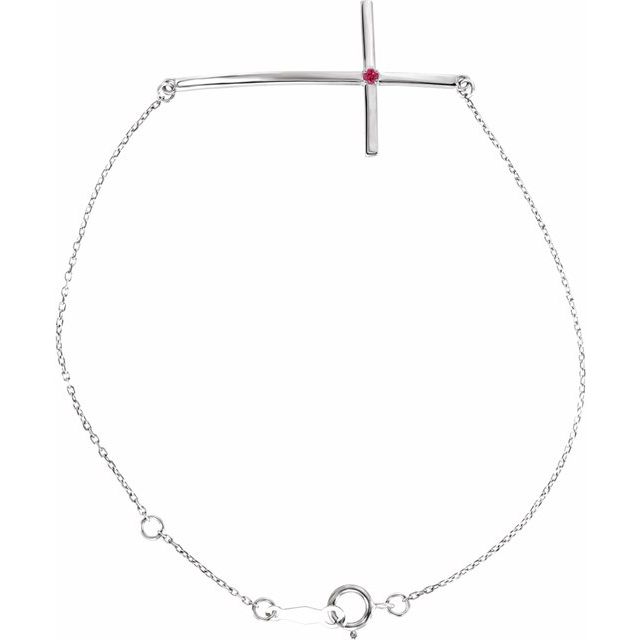 Sterling Silver Imitation Ruby Sideways Cross 8" Bracelet