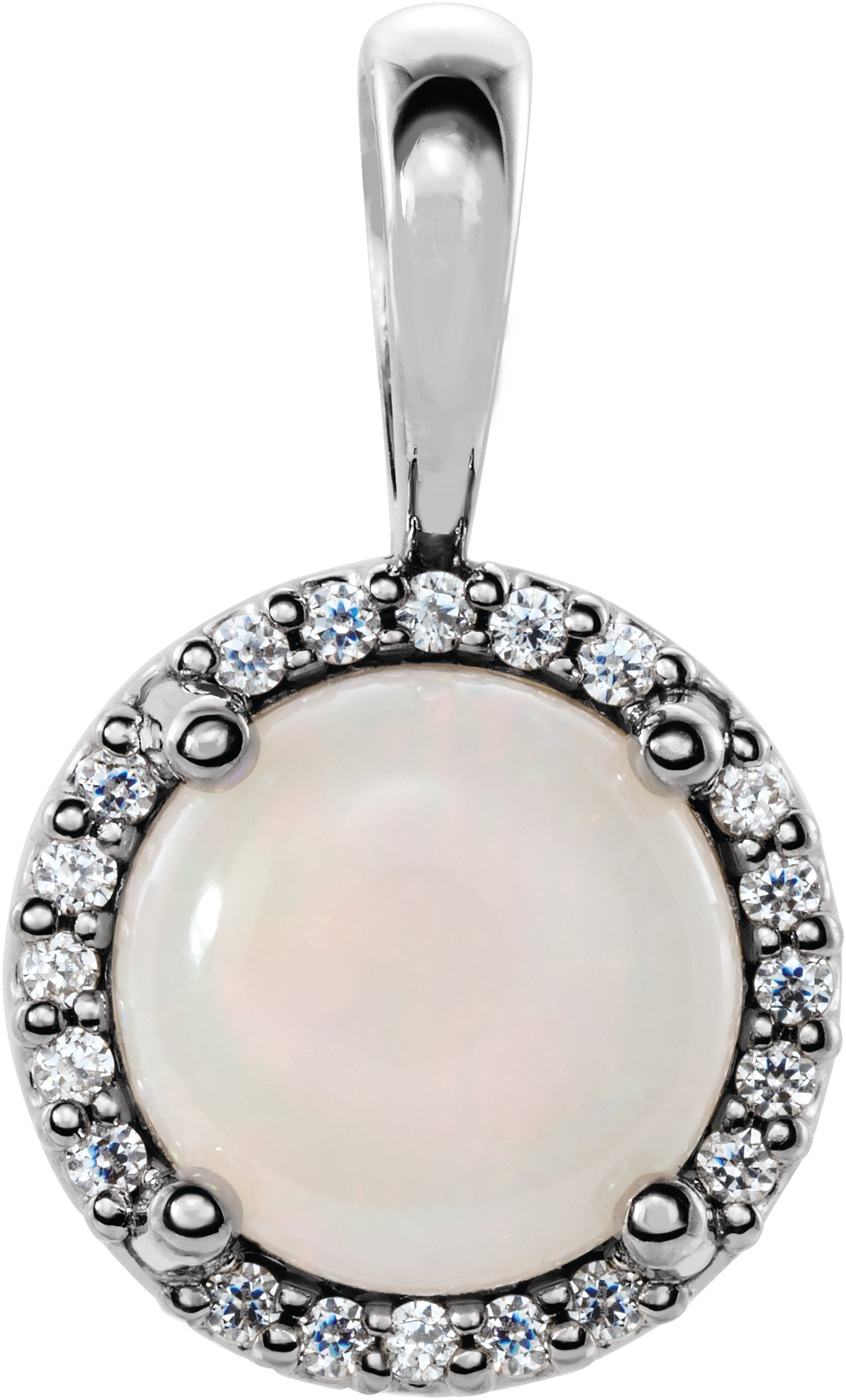 14K White Natural White Opal & .03 CTW Natural Diamond Halo-Style Pendant