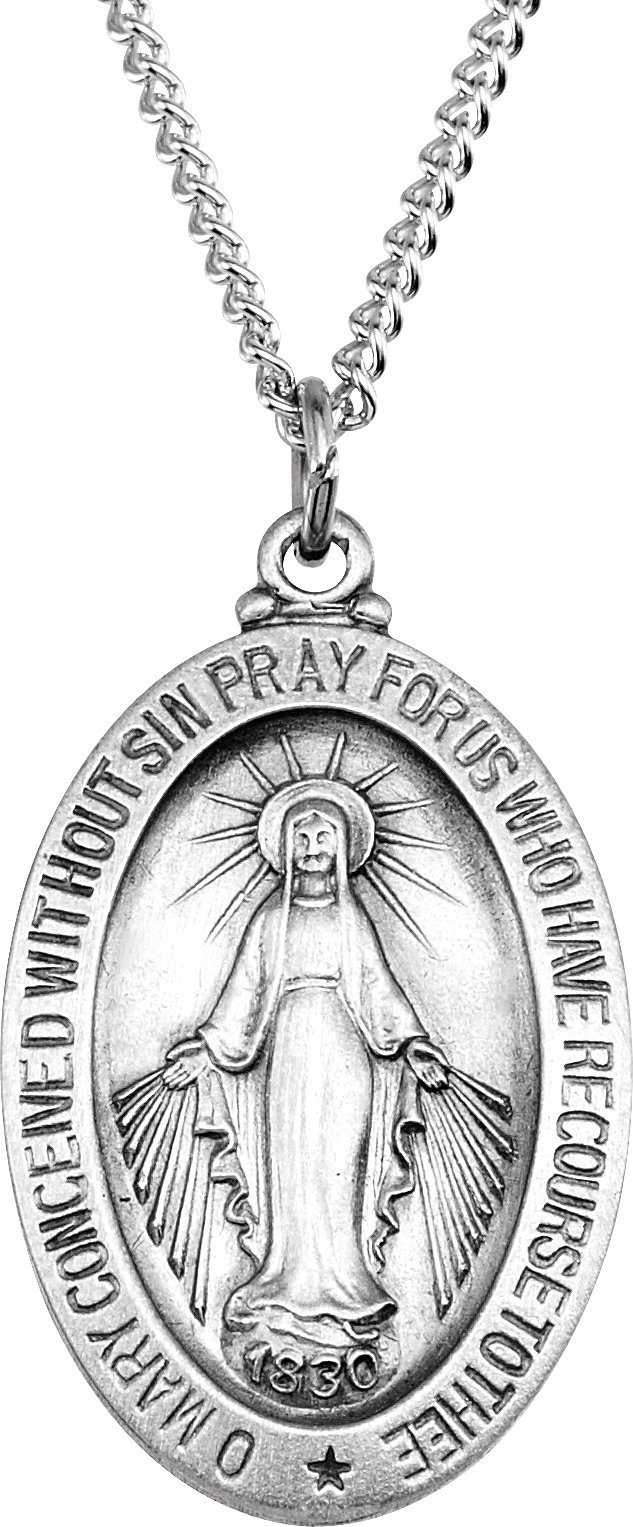 Sterling Silver 23x16 mm Oval Miraculous Medal 18