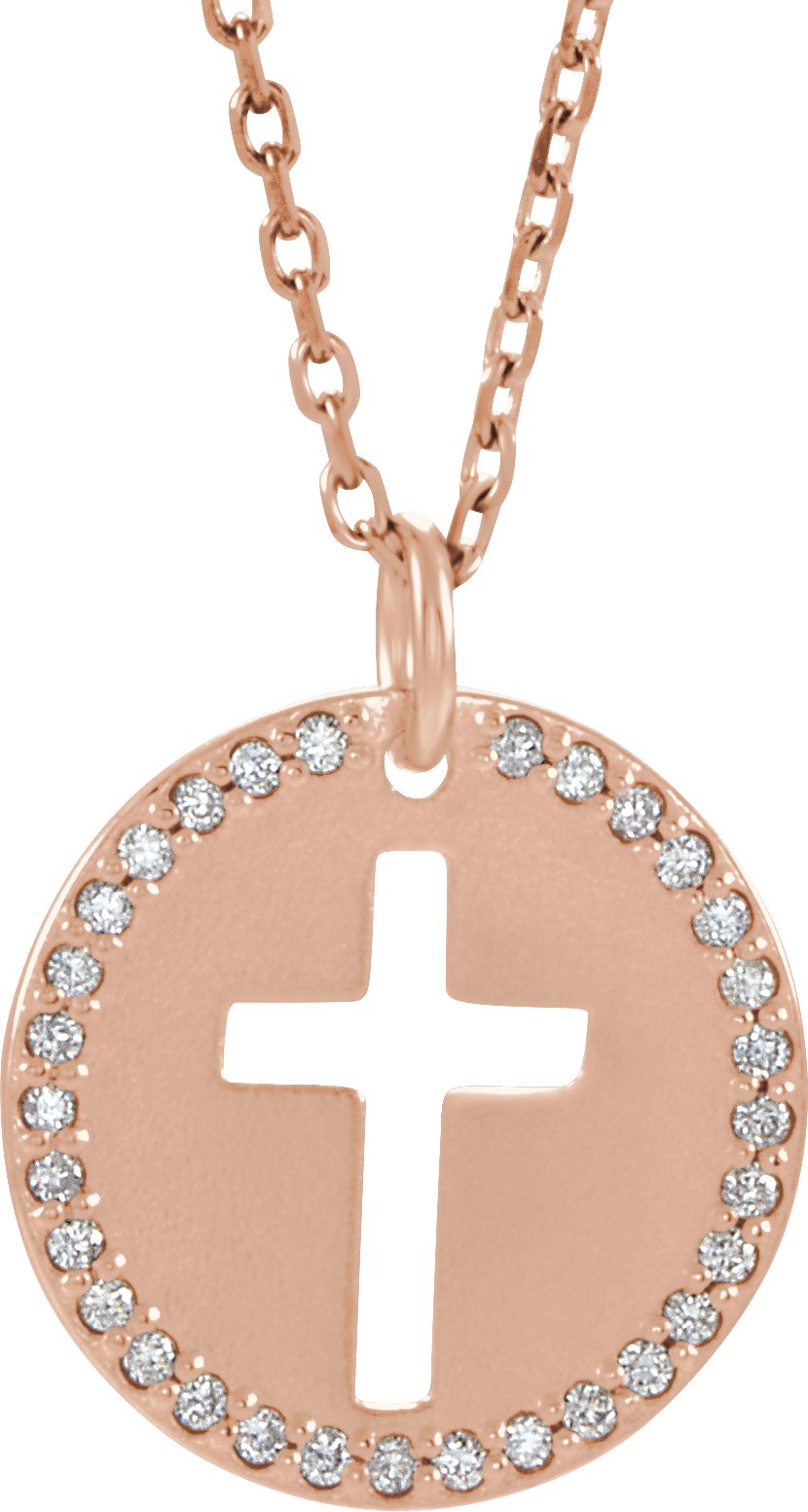 14K Rose .07 CTW Natural Diamond Pierced Cross 18" Necklace