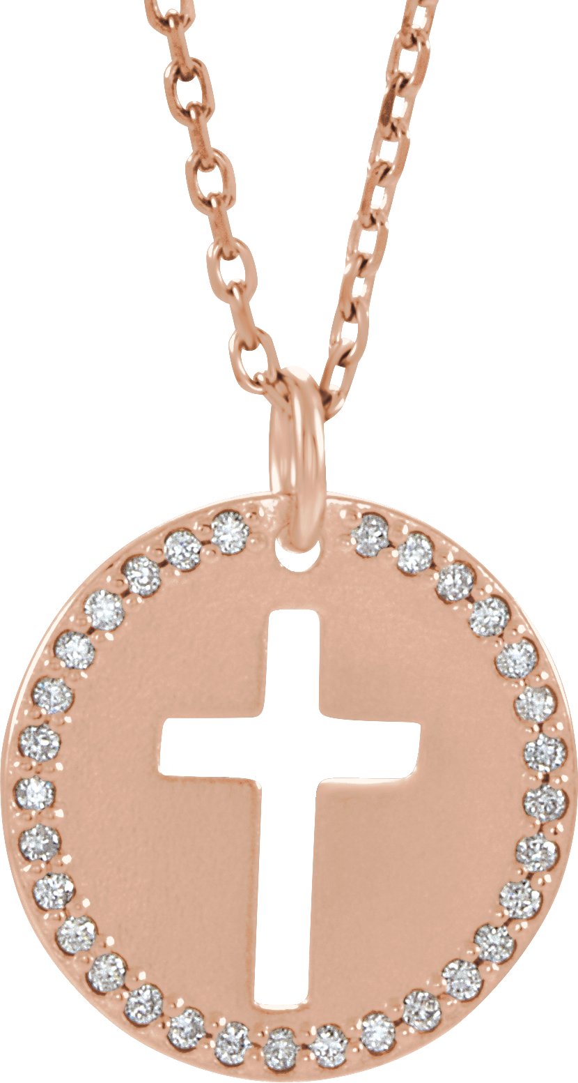 14K Rose .07 CTW Diamond Pierced Cross Disc 18 Necklace