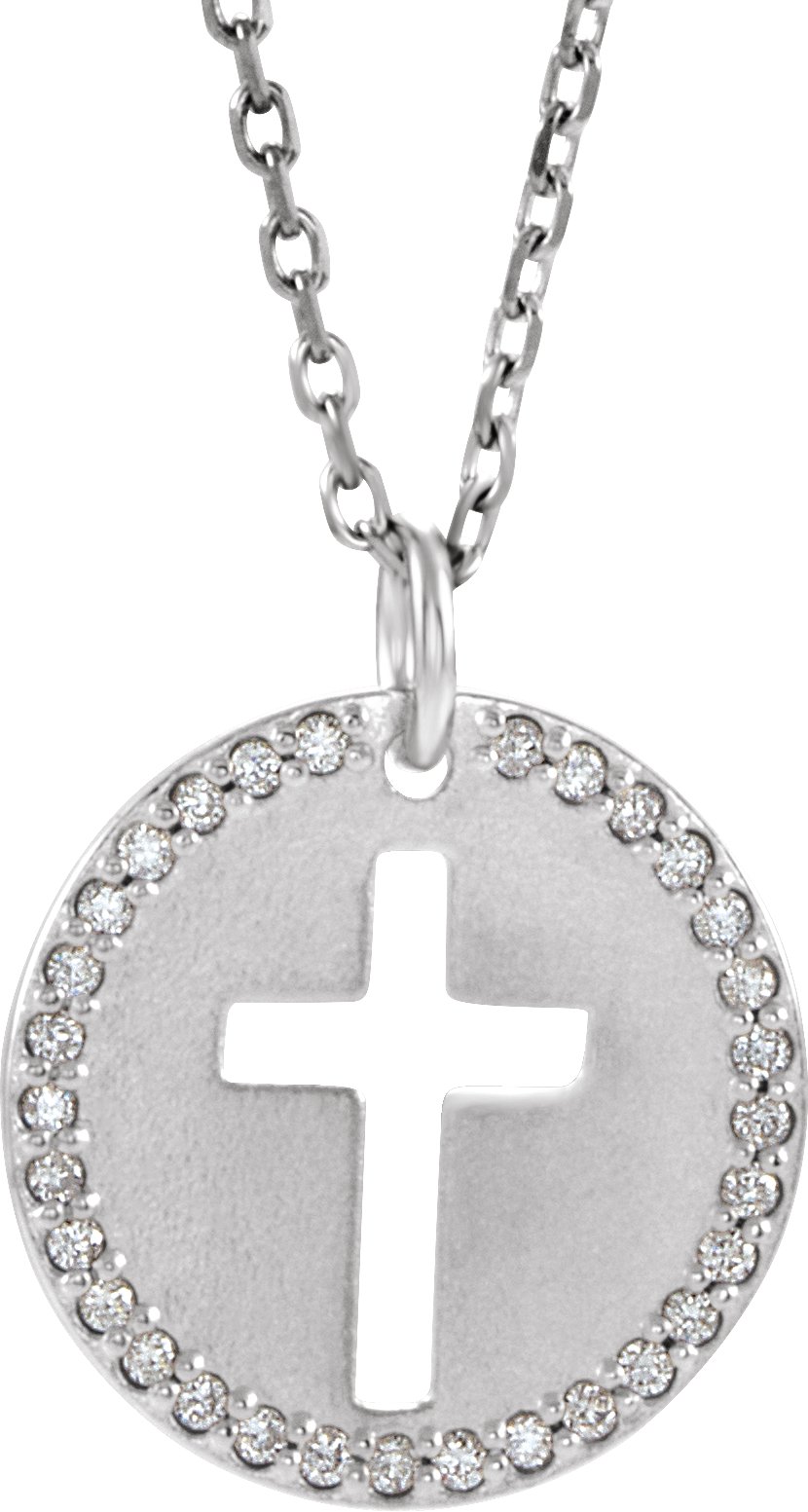 14K White .07 CTW Diamond Pierced Cross Disc 18" Necklace