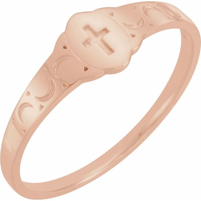 14K Rose 5x3 mm Oval Youth Cross Signet Ring