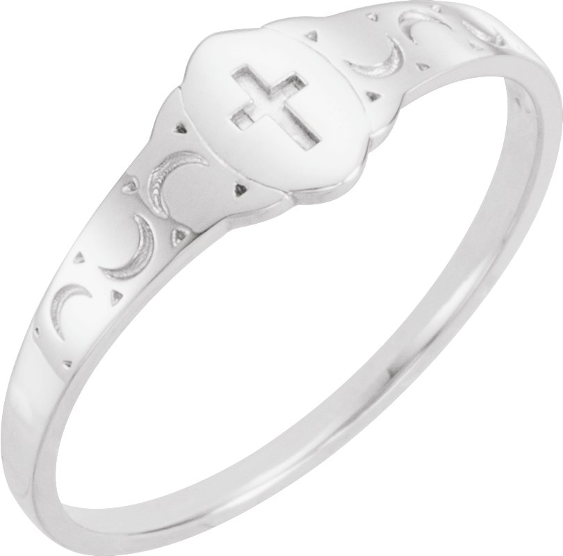 14K White 5x3 mm Oval Youth Cross Signet Ring