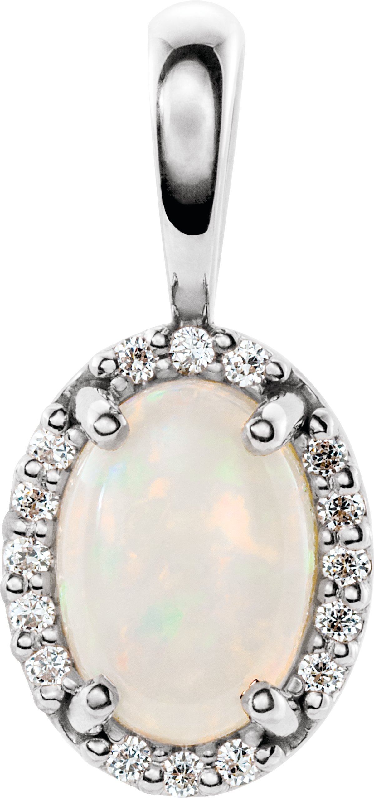 14K White Natural White Opal & .04 CTW Natural Diamond Halo-Style Pendant