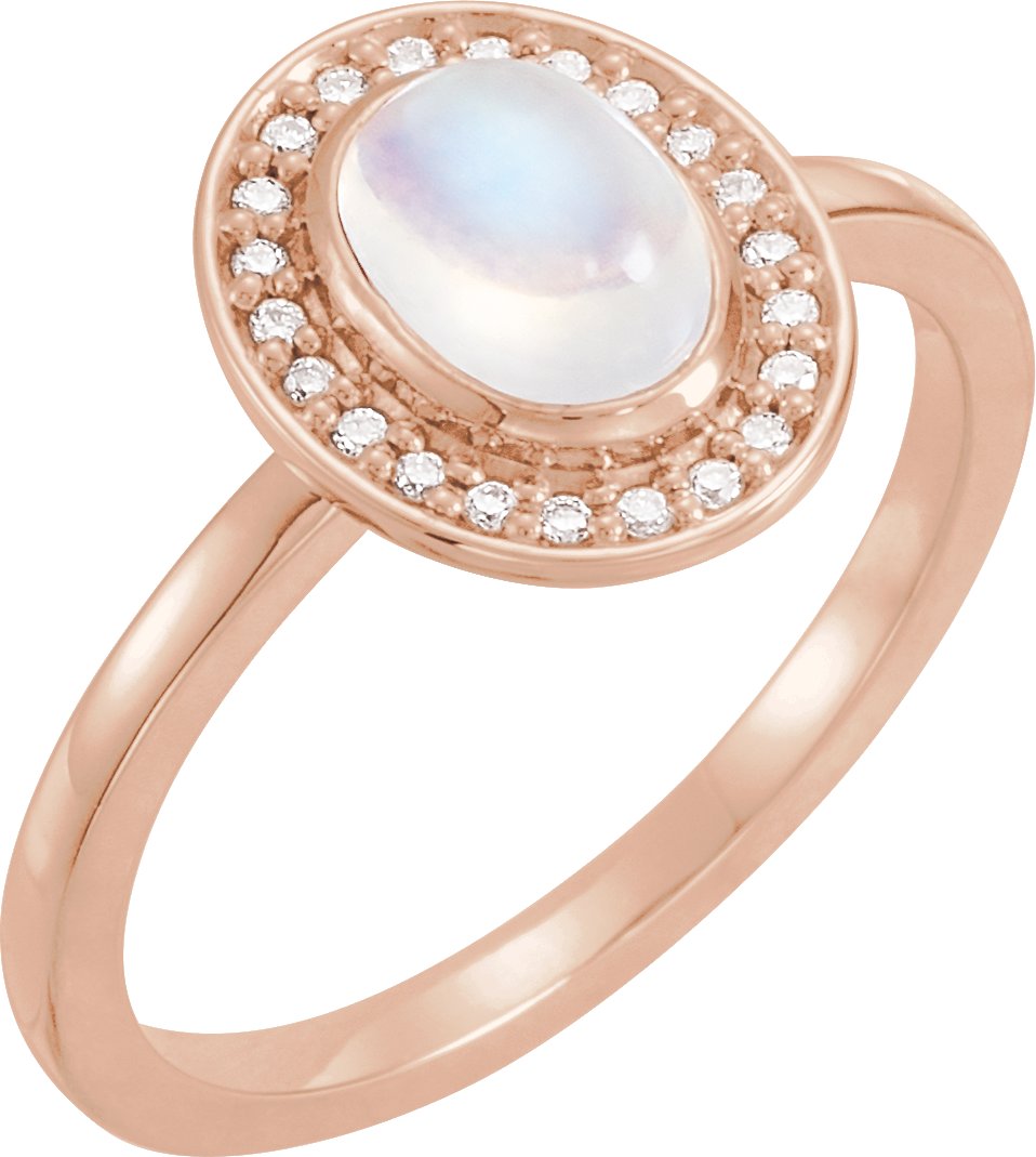 14K Rose Natural Rainbow Moonstone & .08 CTW Natural Diamond Halo-Style Ring