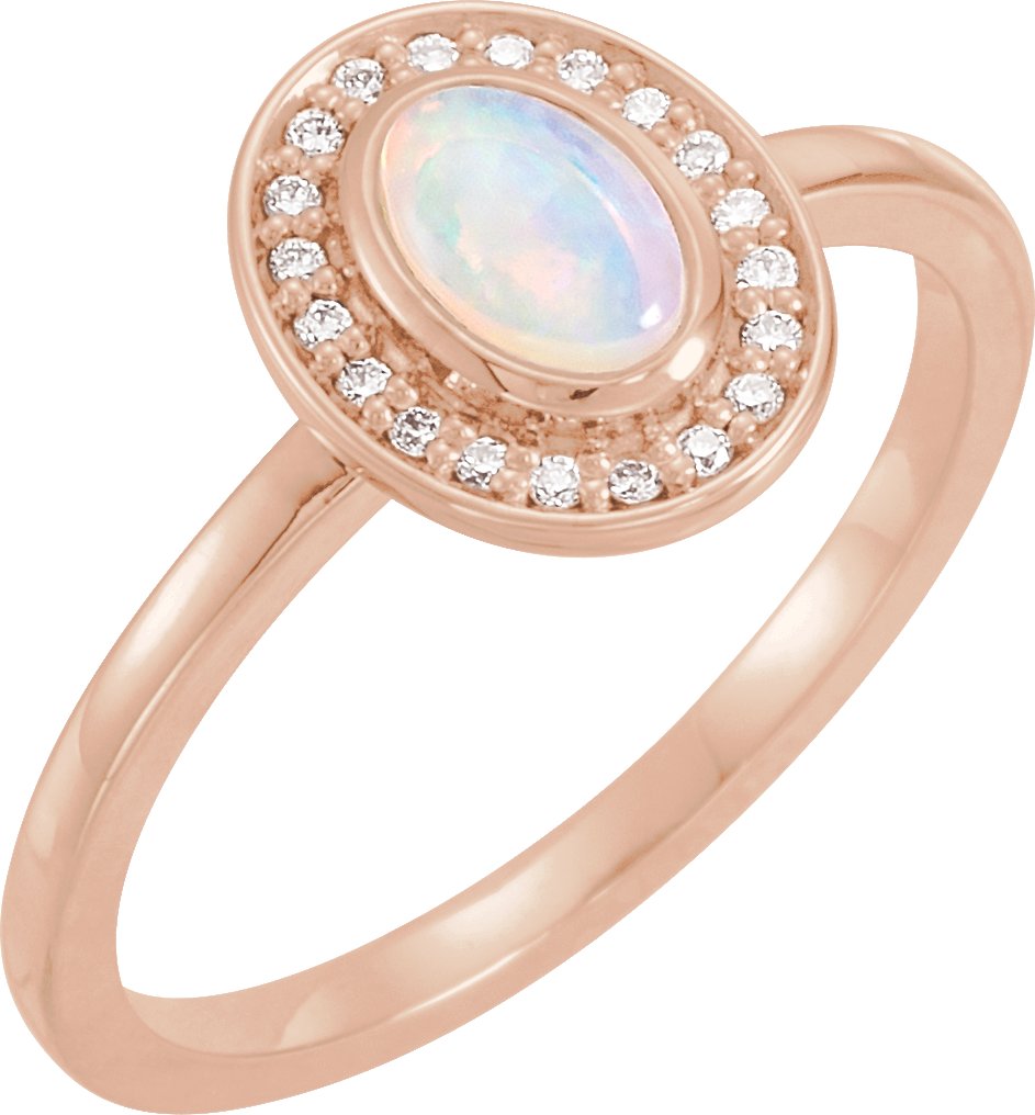 14K Rose Natural White Opal & .07 CTW Natural Diamond Halo-Style Ring