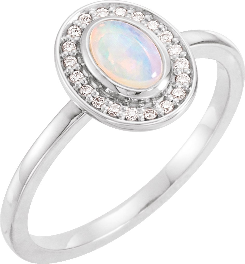 14K White Natural Rainbow Moonstone & .07 CTW Natural Diamond Halo-Style Ring