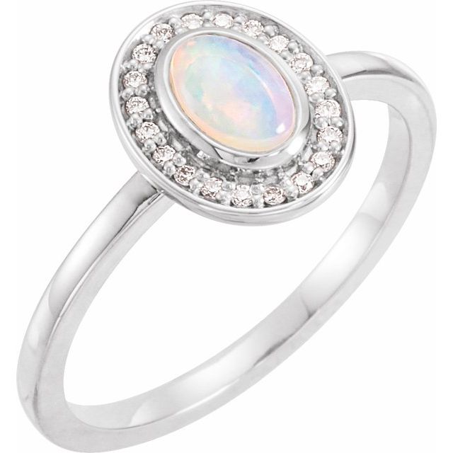 14K White Natural Rainbow Moonstone & .08 CTW Natural Diamond Halo-Style Ring