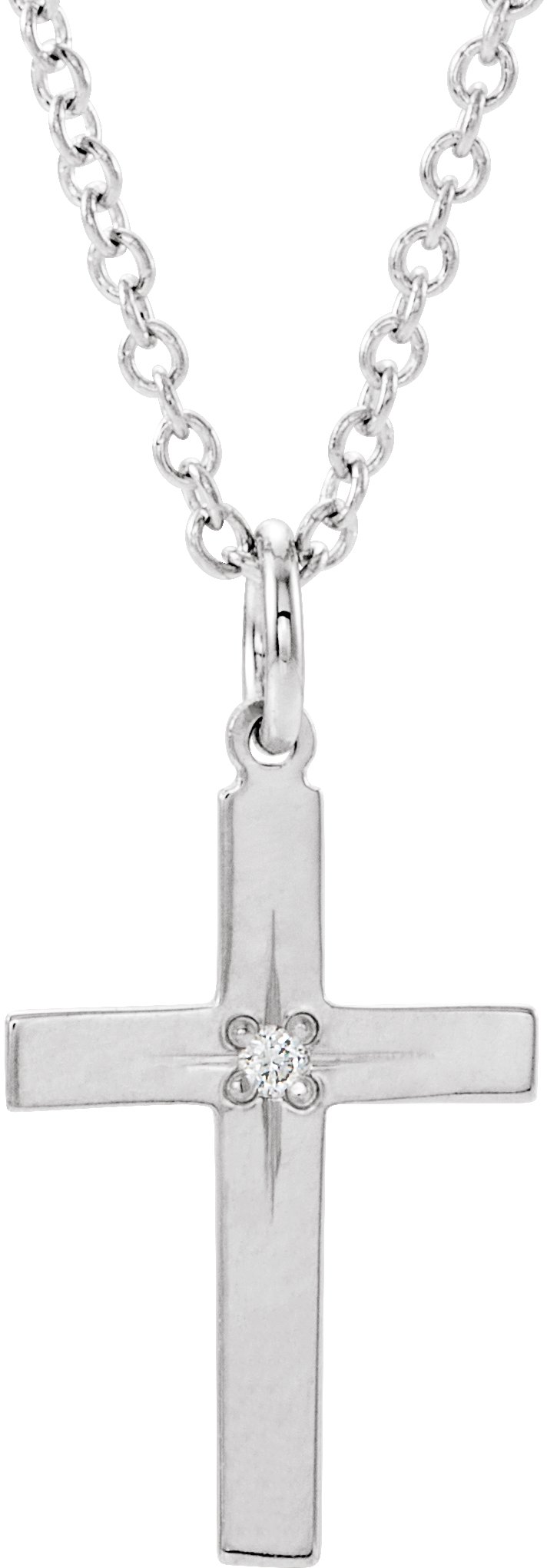 14K White .0075 CT Natural Diamond Youth Cross 15" Necklace