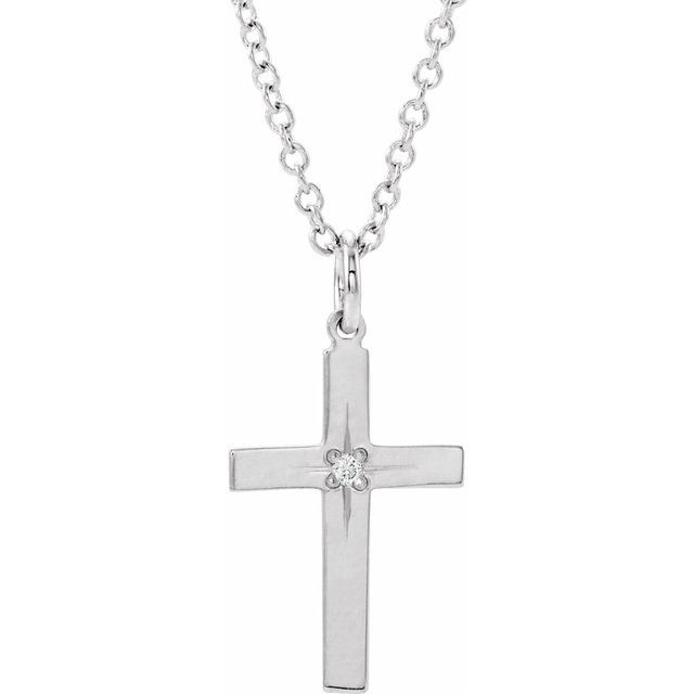 14K White .0075 CT Diamond Youth Cross 15" Necklace
