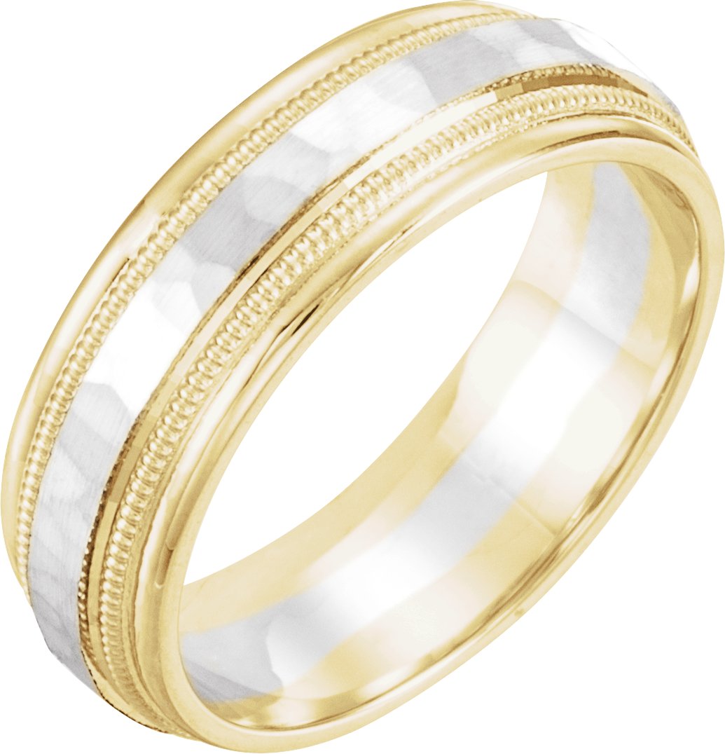 14K Yellow/White/Yellow 6 mm Flat Edge Band with Hammered Texture & Milgrain Size 10