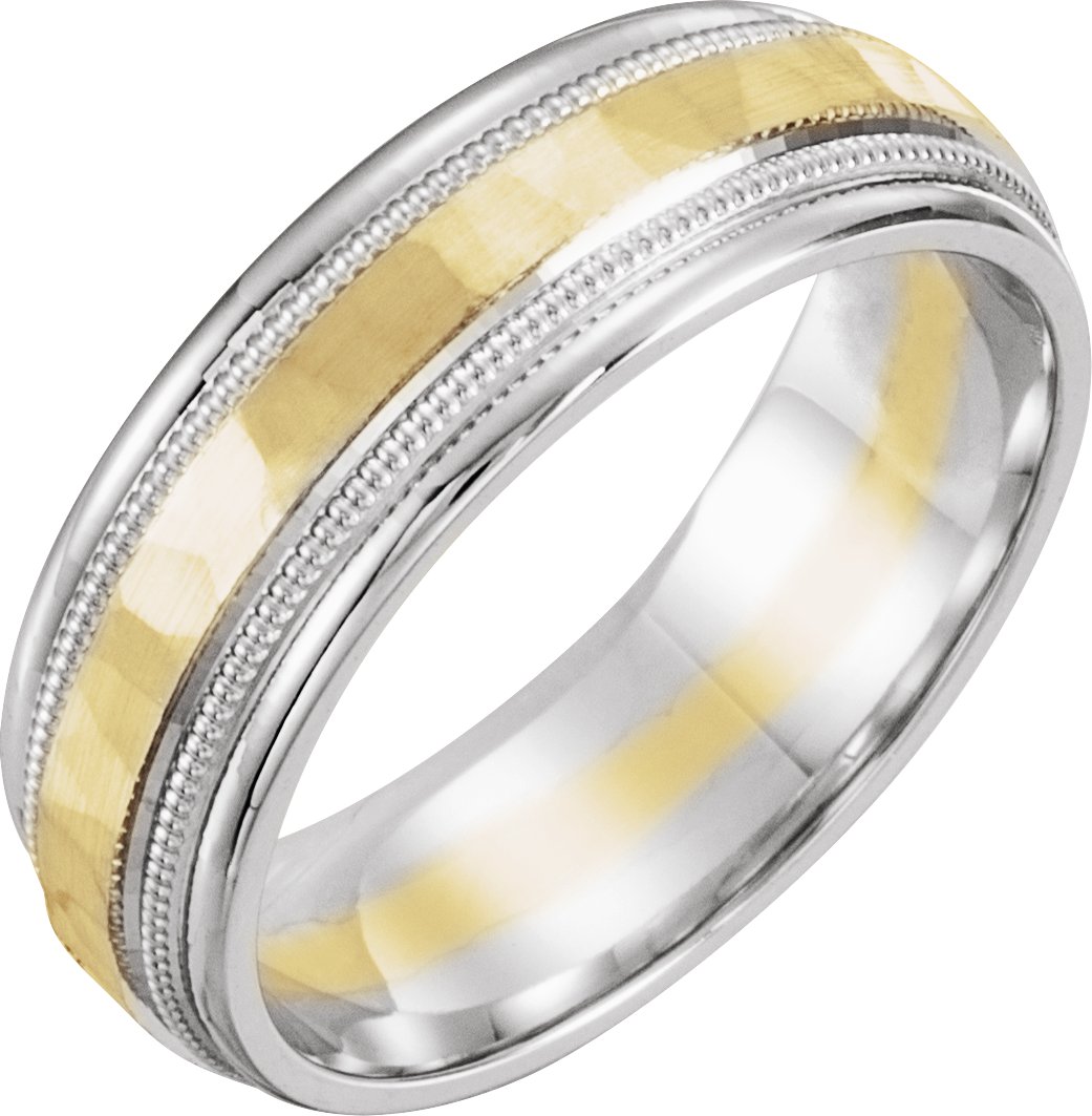 14K White/Yellow/White 6 mm Flat Edge Band with Hammered Texture & Milgrain Size 10