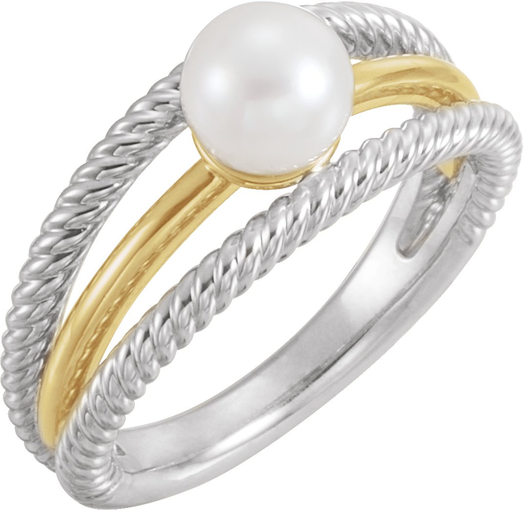 14K White/Yellow Cultured White Freshwater Pearl Negative Space Ring