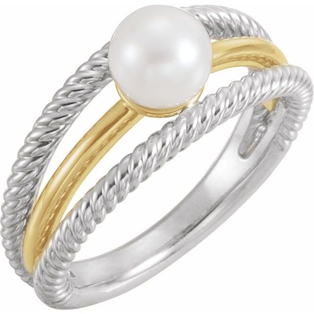14K White/Yellow Cultured White Freshwater Pearl Negative Space Ring