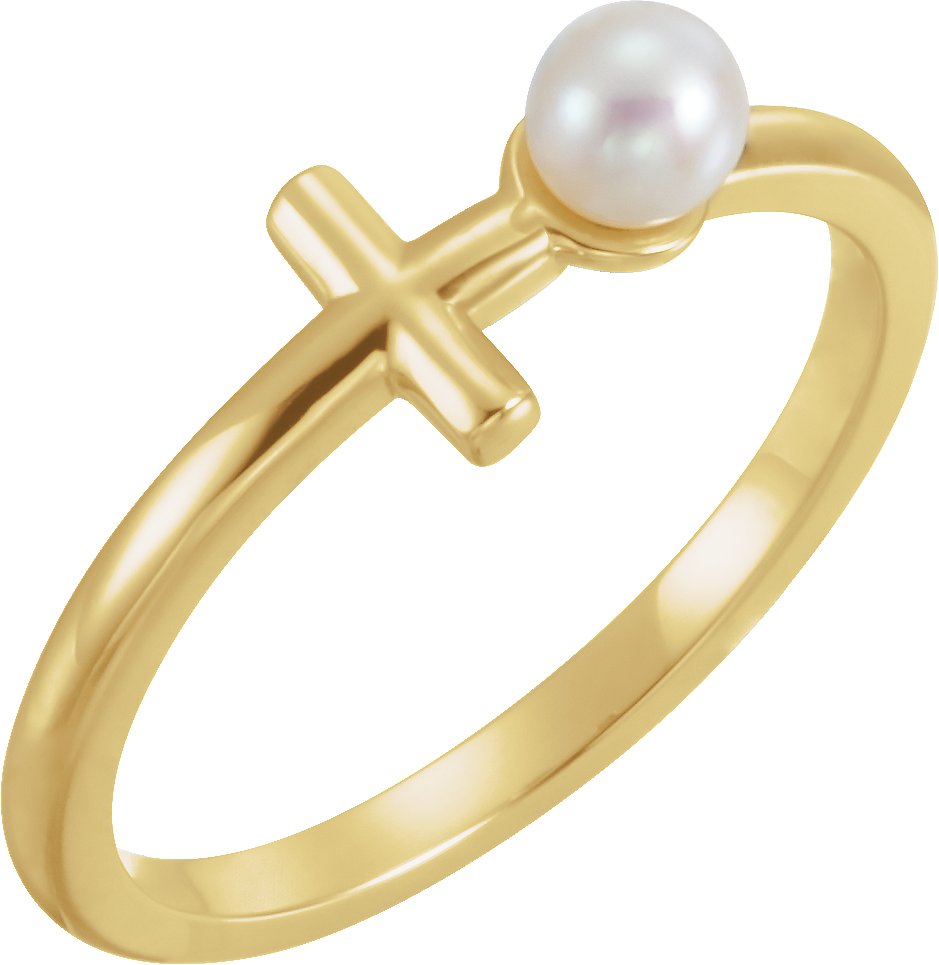 14K Yellow Freshwater Cultured Pearl Sideways Cross Ring 