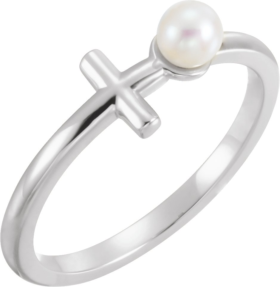 Sterling Silver Cultured White Freshwater Pearl Sideways Cross Ring 