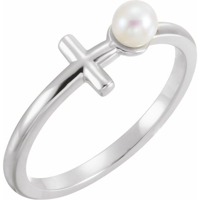 Sterling Silver Cultured White Freshwater Pearl Sideways Cross Ring 