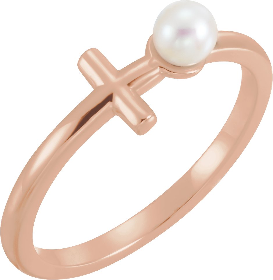 14K Rose Freshwater Cultured Pearl Sideways Cross Ring 