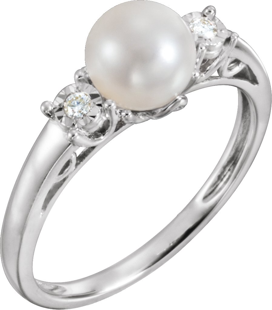14K White Cultured White Freshwater Pearl and .04 CTW Natural Diamond Ring