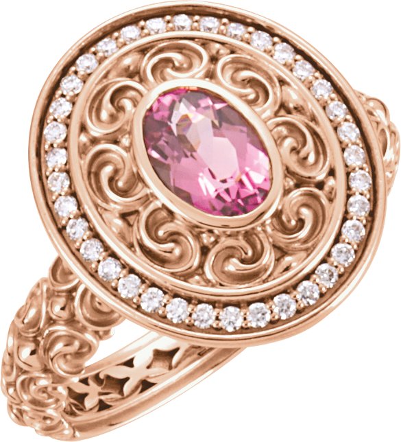 14K Rose 7x5 mm Pink Tourmaline & 1/6 CT Diamond Ring