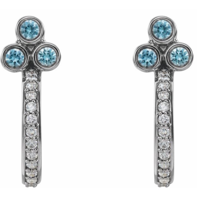 14K White Natural Blue Zircon & 1/4 CTW Natural Diamond J-Hoop Earrings