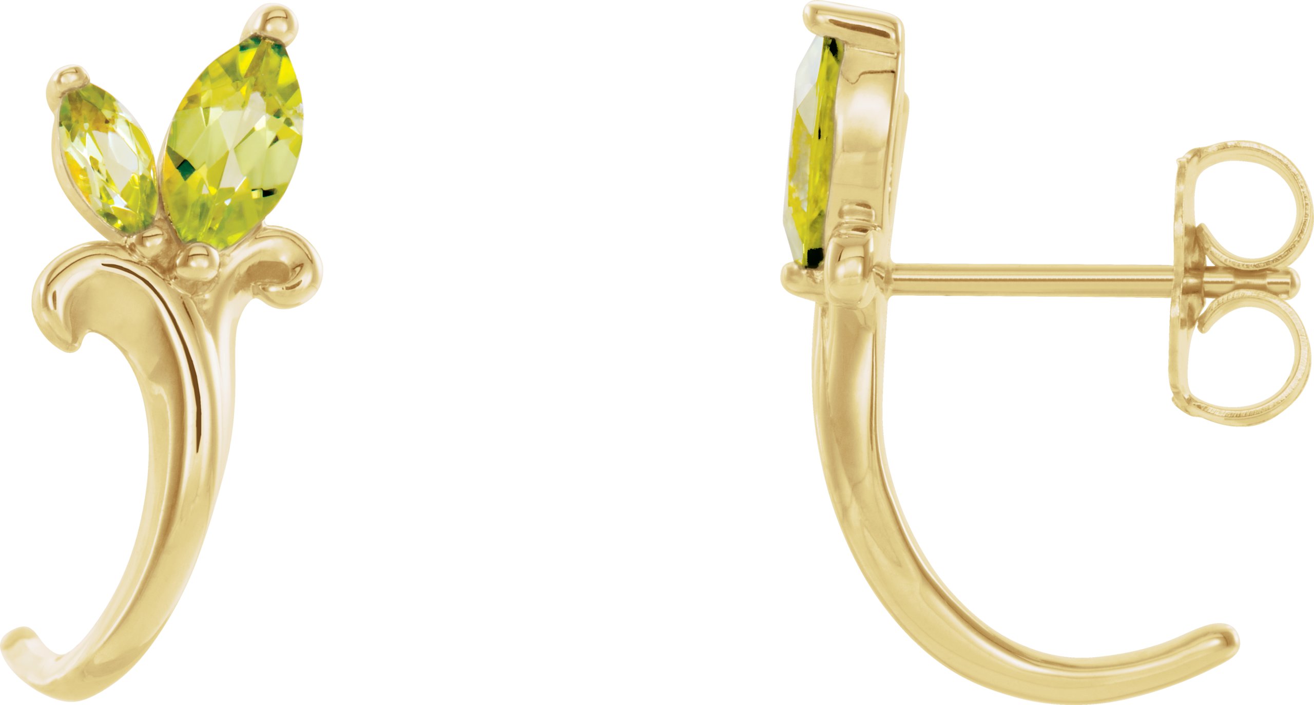 14K Yellow Natural Peridot Floral J-Hoop Earrings