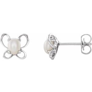 14K White Cultured White Freshwater Pearl June Butterfly Birthstone Earrings