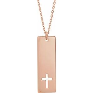 14K Rose Engravable Pierced Cross Bar 16-18" Necklace